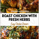 Tray of basil roasted chicken with rosemary, lemon wedges, and golden garlic butter.