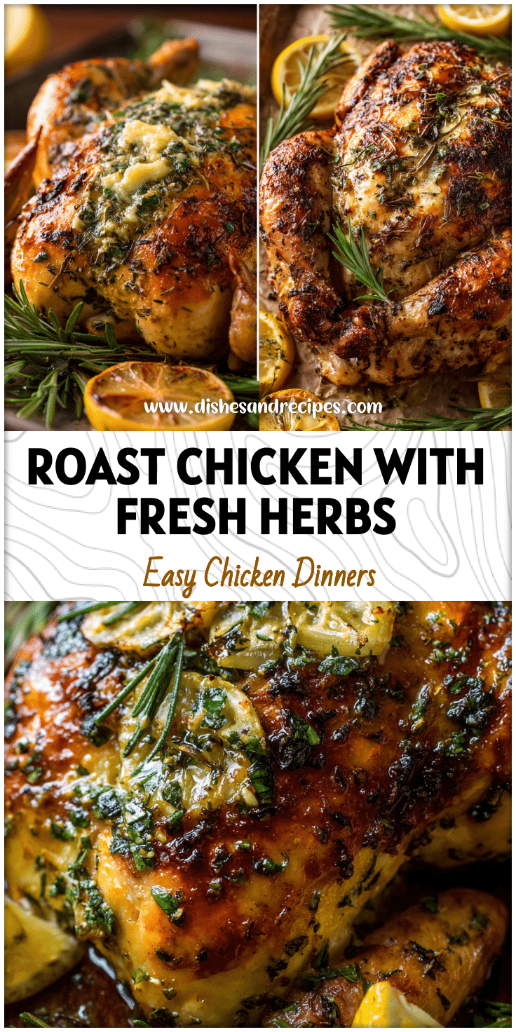 Tray of basil roasted chicken with rosemary, lemon wedges, and golden garlic butter.