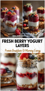 Home 5 Layered Greek Yogurt Berry Parfait in jars with chia seeds, granola, and jam for a healthy yogurt parfait treat