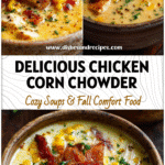 Creamy chicken bacon corn chowder in a rustic bowl topped with herbs
