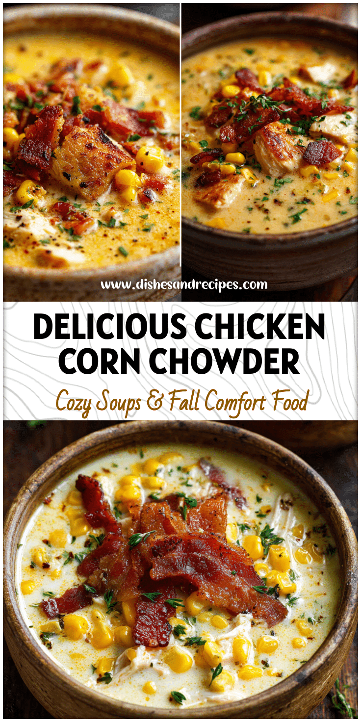 Creamy chicken bacon corn chowder in a rustic bowl topped with herbs