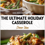Best Thanksgiving Green Bean & Turkey Casserole Recipe 5 Golden baked casserole with turkey, green beans, and crispy onion topping on a holiday table.