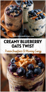 Mason jar filled with creamy blueberry overnight oats topped with fresh fruit and protein-rich toppings.