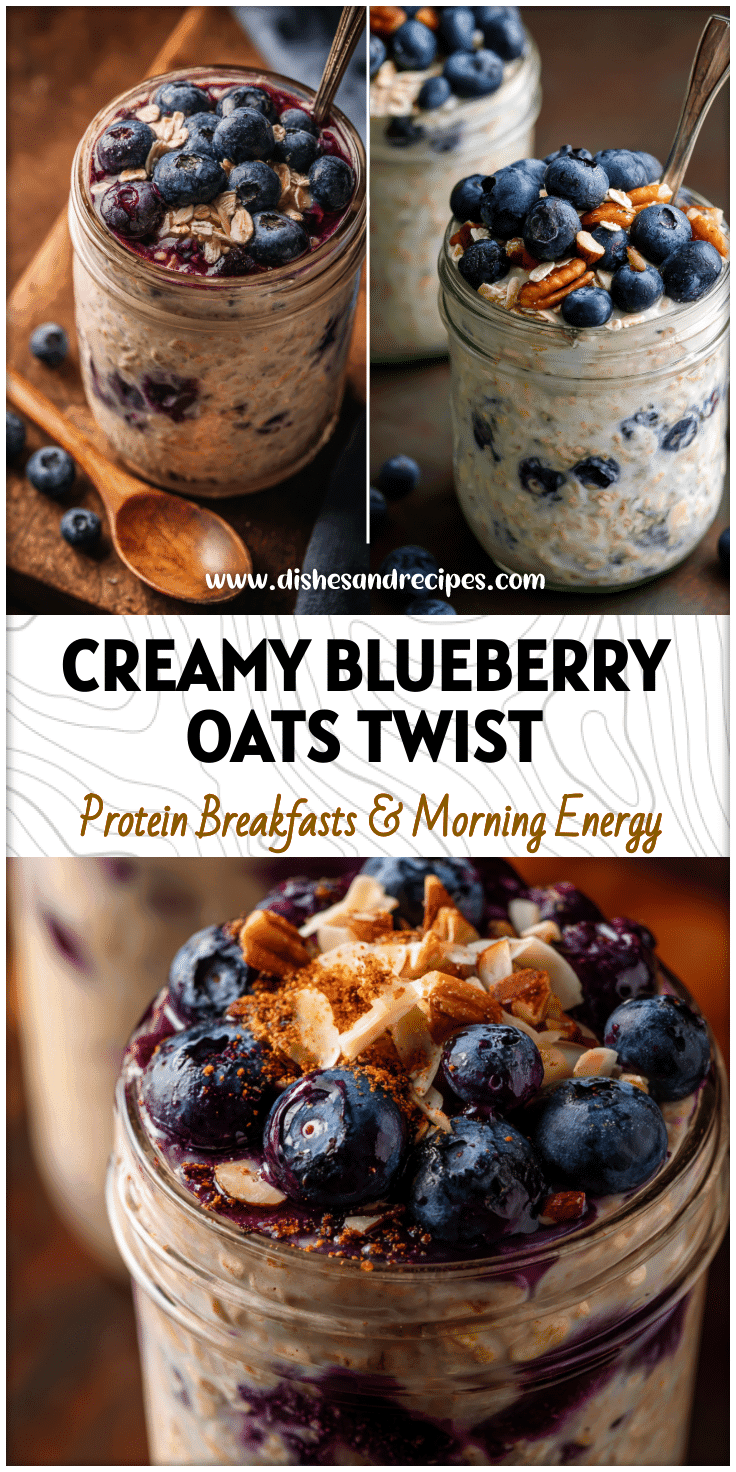 Mason jar filled with creamy blueberry overnight oats topped with fresh fruit and protein-rich toppings.