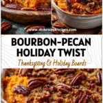 Bourbon sweet potato casserole topped with savory bacon pecans and golden crisp strussel in a rustic dish.