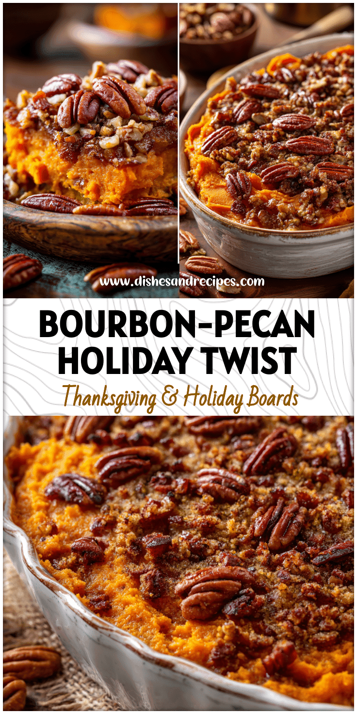 Bourbon sweet potato casserole topped with savory bacon pecans and golden crisp strussel in a rustic dish.