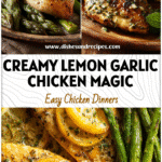 Golden Lemon Herb Chicken and tender asparagus topped with creamy Lemon Garlic Sauce on a rustic plate.