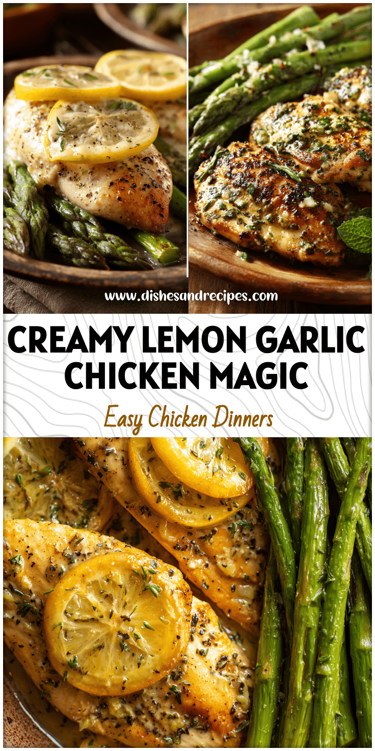 Golden Lemon Herb Chicken and tender asparagus topped with creamy Lemon Garlic Sauce on a rustic plate.