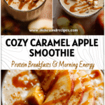 Glass of creamy caramel apple protein smoothie topped with apple slices and caramel drizzle.