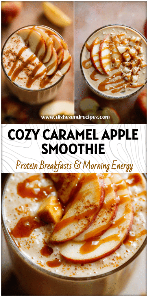 Glass of creamy caramel apple protein smoothie topped with apple slices and caramel drizzle.