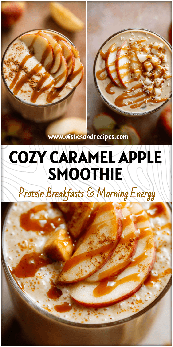 Glass of creamy caramel apple protein smoothie topped with apple slices and caramel drizzle.