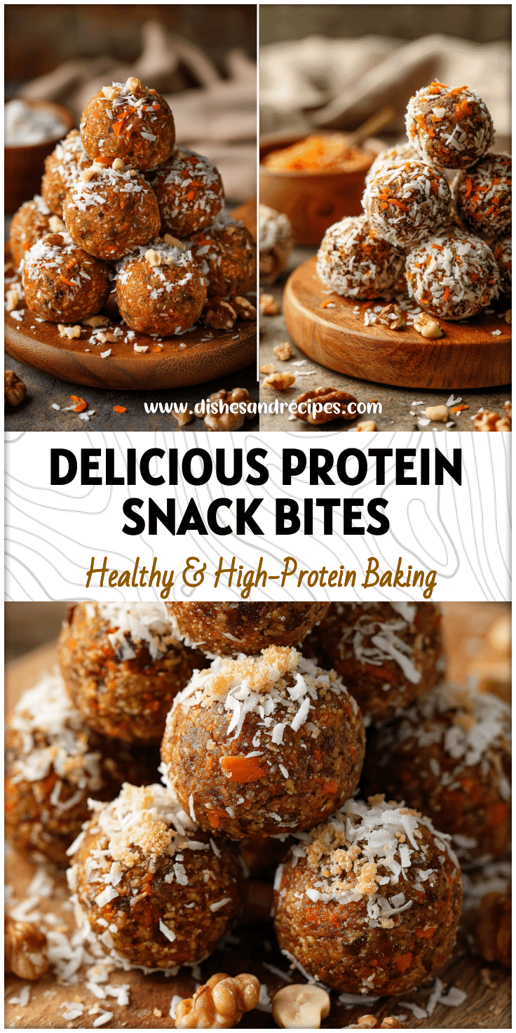 Stack of Carrot Cake Protein Bites topped with shredded coconut and crushed walnuts on a rustic board.