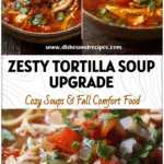 Central Market Chicken Tortilla Soup With Salsa and noodles served with colorful toppings in a rustic bowl.