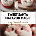 Charming Santa Claus Christmas Macarons for Cookie Exchange Parties 5 Santa Claus shaped Christmas macarons presented on a holiday dessert table beside Buche De Noel cake.