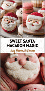 Santa Claus shaped Christmas macarons presented on a holiday dessert table beside Buche De Noel cake.