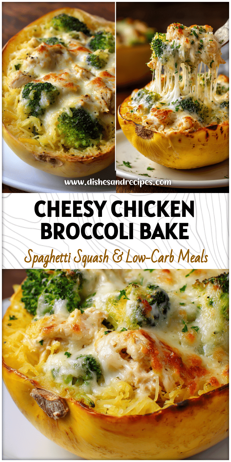 Golden baked spaghetti squash stuffed with cheesy chicken and broccoli filling served on a white plate.