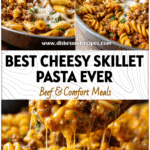 Close-up of a cheesy ground beef pasta skillet with melted cheese and hearty beef sauce in a pan