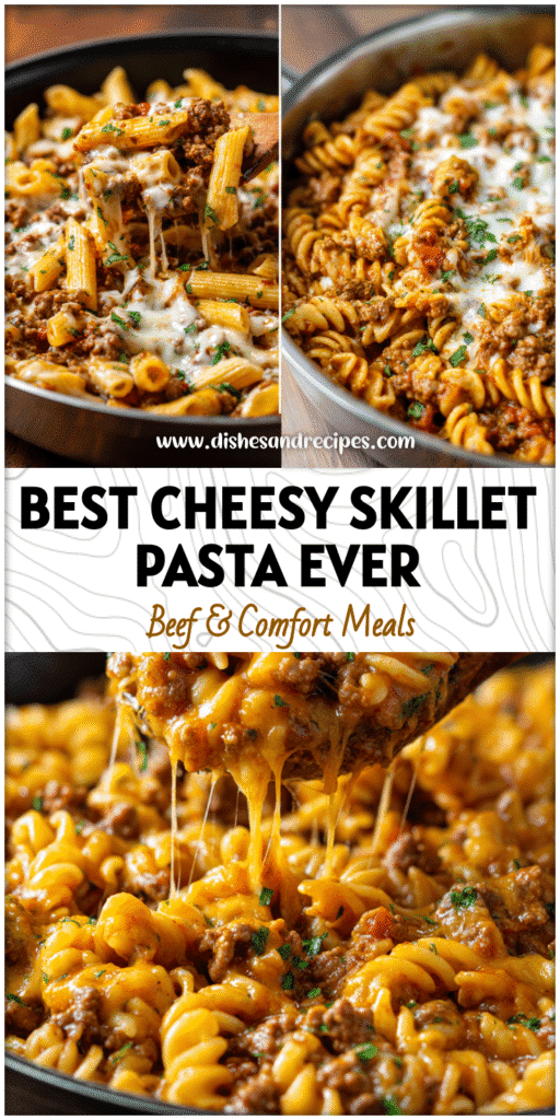 Home 34 Close-up of a cheesy ground beef pasta skillet with melted cheese and hearty beef sauce in a pan