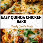 Baked quinoa chicken burrito dish in one pan with melted cheese and herbs, ideal for healthy chicken quinoa recipes.