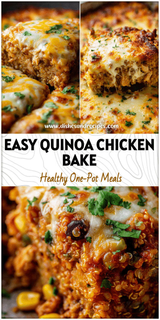 Baked quinoa chicken burrito dish in one pan with melted cheese and herbs, ideal for healthy chicken quinoa recipes.