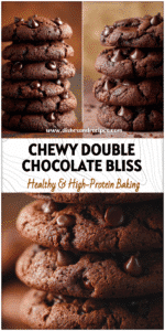 Stack of chewy Double Chocolate Cookies showing dark fudge texture and melty choc chips from a Double Chocolate Chip Cookie Recipe