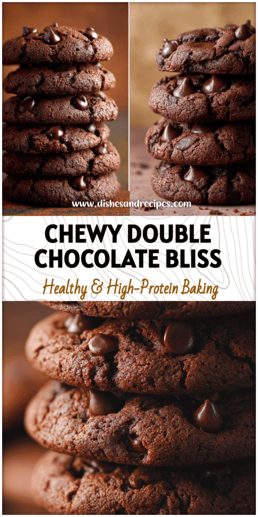 Stack of chewy Double Chocolate Cookies showing dark fudge texture and melty choc chips from a Double Chocolate Chip Cookie Recipe