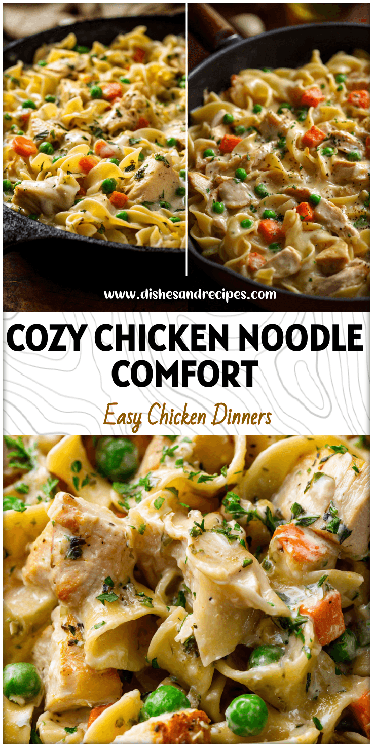 Golden Chicken Pot Pie Noodle Skillet filled with noodles, tender chicken, vegetables, and creamy sauce.