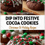 Chocolate-dipped Hot Cocoa Cookies decorated with red and green sprinkles for a Christmas party setting.