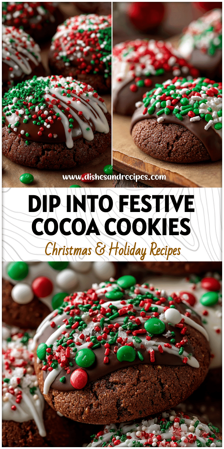 Chocolate-dipped Hot Cocoa Cookies decorated with red and green sprinkles for a Christmas party setting.