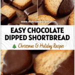 Chocolate-Dipped Shortbread Cookies for Easy Indulgence 5 Golden shortbread cookies half dipped in glossy chocolate arranged on a baking tray.