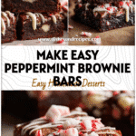 Christmas Brownie Bars with Peppermint Bark Crunch 5 Close-up of peppermint bark desserts showing chewy brownie bars with white chocolate drizzle and candy cane bits.