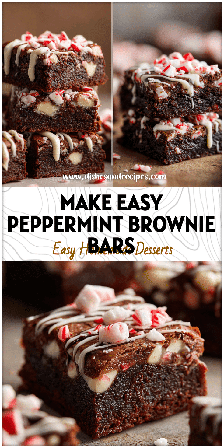 Close-up of peppermint bark desserts showing chewy brownie bars with white chocolate drizzle and candy cane bits.