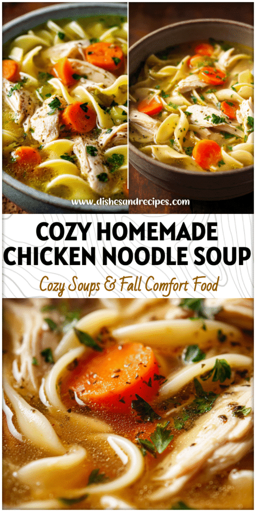 Home 31 Bowl of Fresh Chicken Noodle Soup with carrots, noodles, and tender chicken in homemade broth.