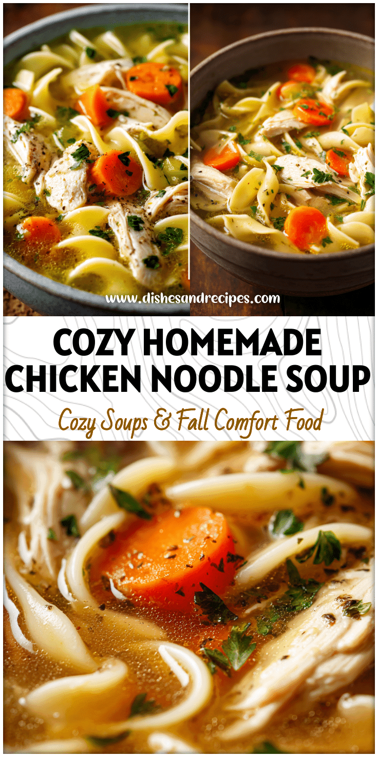 Bowl of Fresh Chicken Noodle Soup with carrots, noodles, and tender chicken in homemade broth.