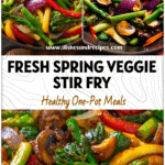 A colorful skillet of spring veggies for stir fry with rice, satay vegetables, and fresh seasonal ingredients.
