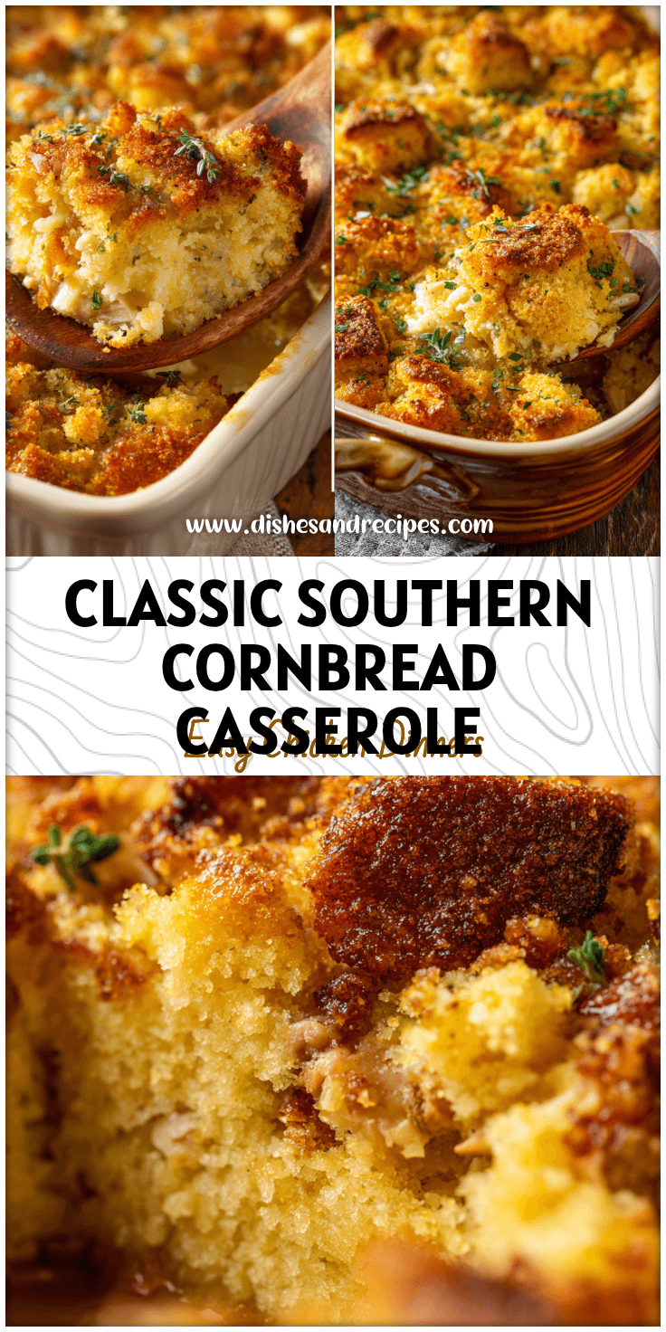 Golden cornbread chicken casserole baked in a dish showing crispy topping and creamy Chicken Dressing Recipe layers.