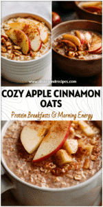 Bowl of thick Vegetarian Overnight Oats topped with apple slices and cinnamon, perfect Autumn Overnight Oats presentation