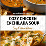 Cozy Chicken Enchilada Soup Recipe for Fall Nights 5 Bowl of creamy chicken enchilada soup topped with cheese and herbs served with tortilla chips.