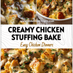 Golden Chicken Casserole With Stovetop Stuffing baked in a dish with creamy sauce and herbs.
