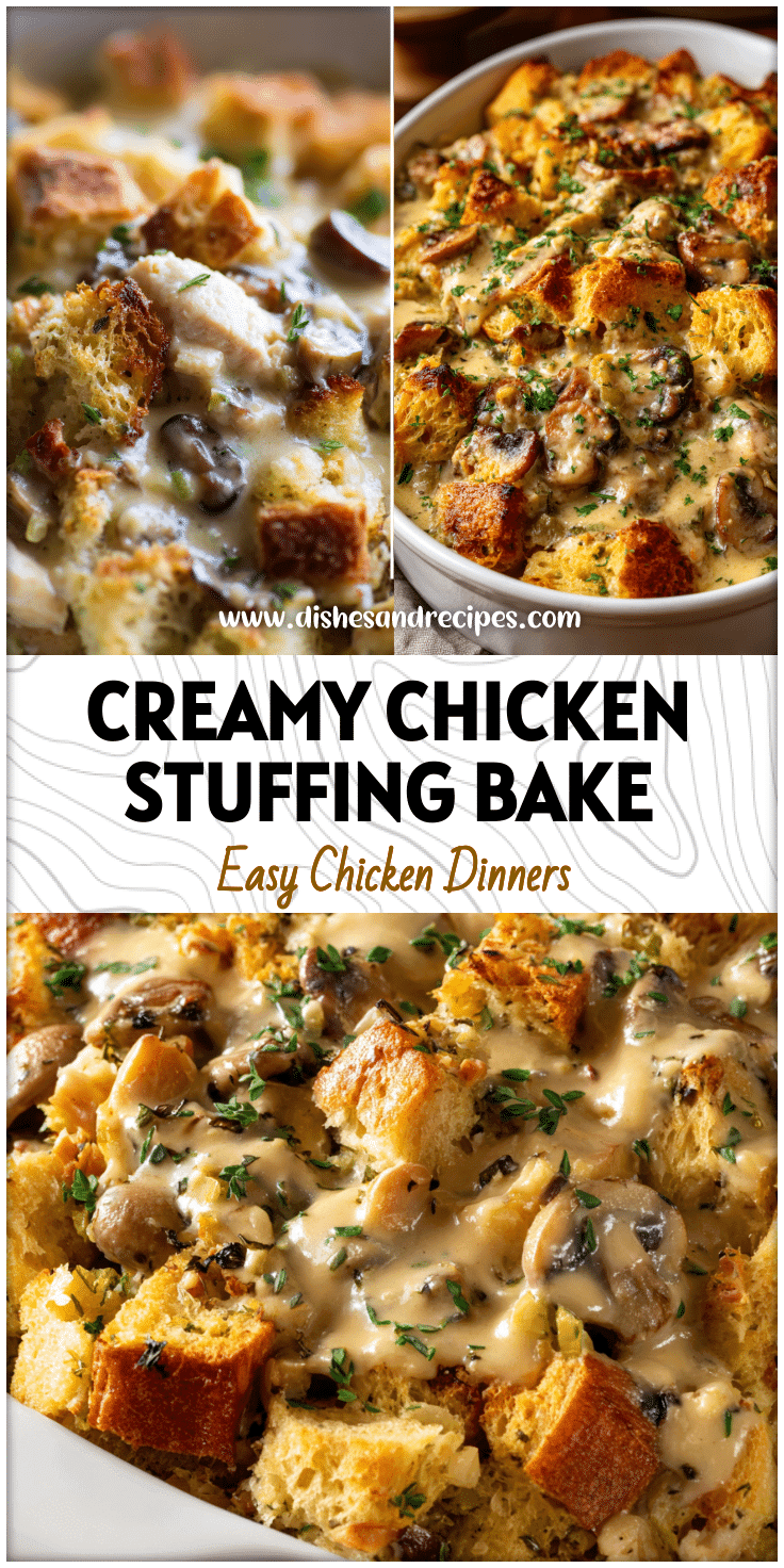 Golden Chicken Casserole With Stovetop Stuffing baked in a dish with creamy sauce and herbs.