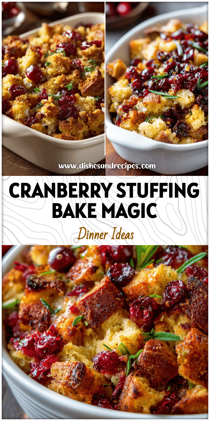 Baked cranberry casserole with golden stuffing crust served in a ceramic dish