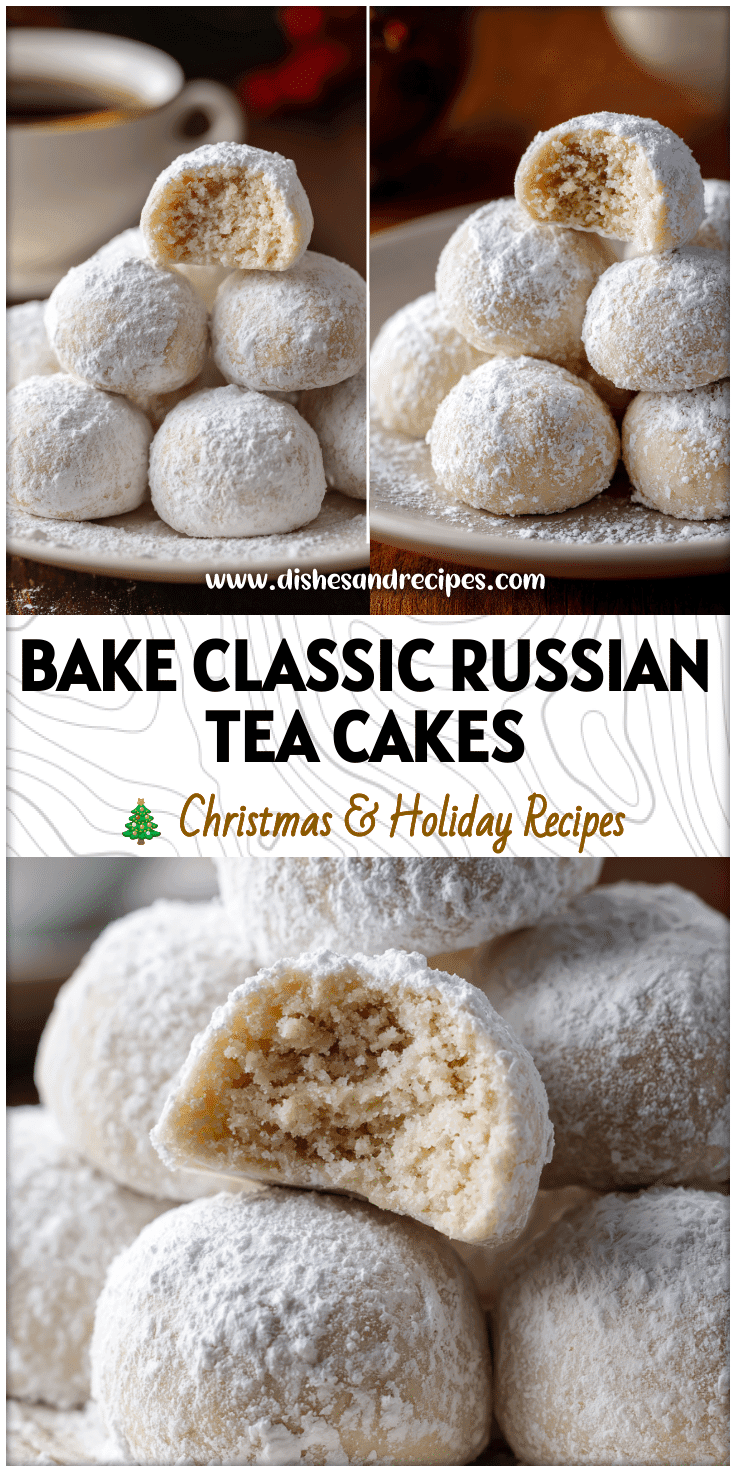 Plate of Classic Russian Tea Cakes dusted with powdered sugar, perfect Russian Cookies Christmas treat.