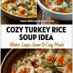 Cozy Turkey & Rice Soup for Cold Weather Comfort 5 A warm bowl of turkey and rice soup with herbs and vegetables served on a rustic table for cold weather comfort.