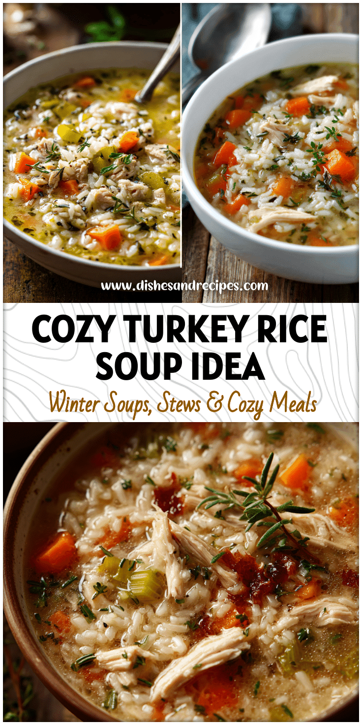 A warm bowl of turkey and rice soup with herbs and vegetables served on a rustic table for cold weather comfort.
