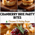 Cranberry Brie Puff Pastry Appetizers for Thanksgiving & Christmas 5 Mini puff pastry cups filled with brie and cranberry on a wooden board, holiday-ready appetizers.