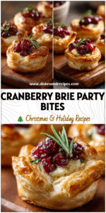 Mini puff pastry cups filled with brie and cranberry on a wooden board, holiday-ready appetizers.