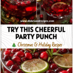 Festive cranberry punch bowl with sliced fruit beside Christmas fingerfood ideas on a decorated holiday table