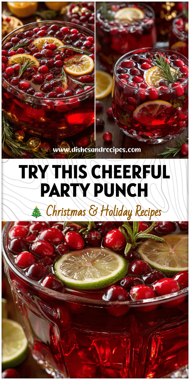 Festive cranberry punch bowl with sliced fruit beside Christmas fingerfood ideas on a decorated holiday table