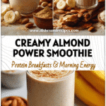 Glass of Paleo Almond Butter Smoothie with bananas and coconut beside a bowl of nut butter and milk ingredients.