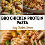 Close-up of creamy protein pasta salad with BBQ chicken, corn, and colorful vegetables in a serving bowl.